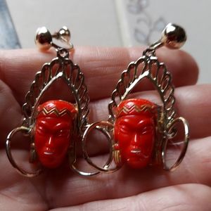 1960s Selro Selini Princess Screw Back Earrings Red Face Goldtone Rare! Free Bag